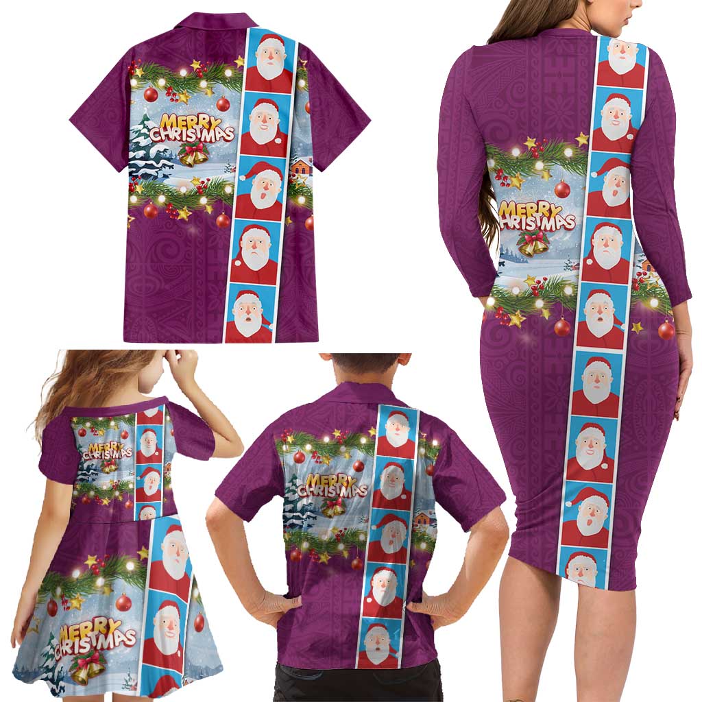 Merry Christmas Family Matching Long Sleeve Bodycon Dress and Hawaiian Shirt Funny Santa Claus Cards Photo and Polynesian Pattern Pink Color