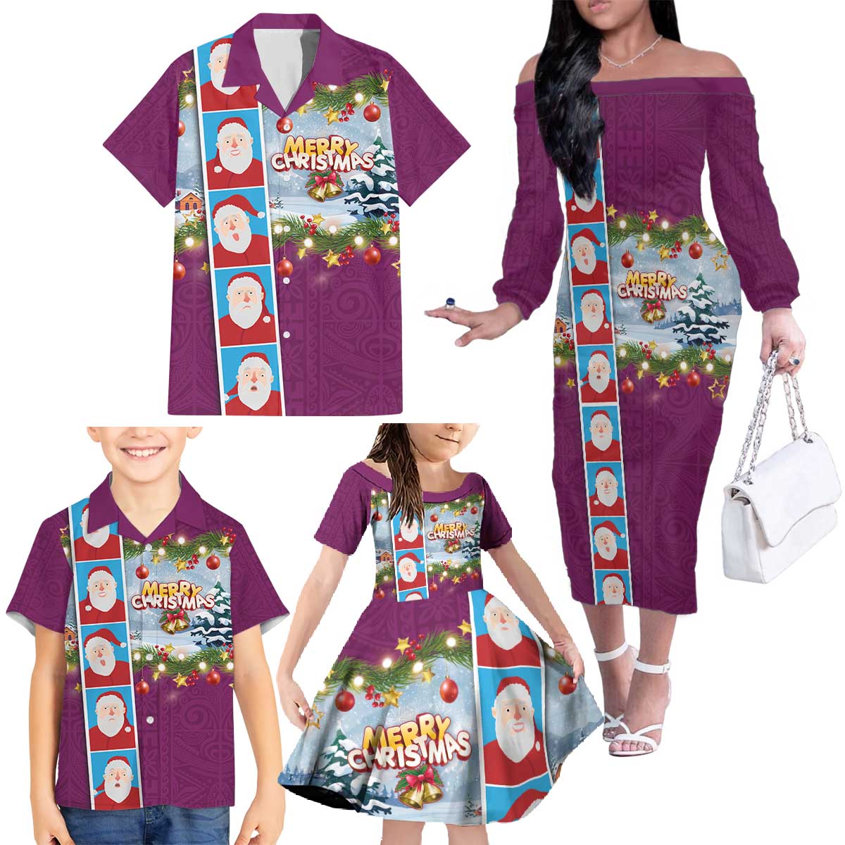 Merry Christmas Family Matching Off The Shoulder Long Sleeve Dress and Hawaiian Shirt Funny Santa Claus Cards Photo and Polynesian Pattern Pink Color