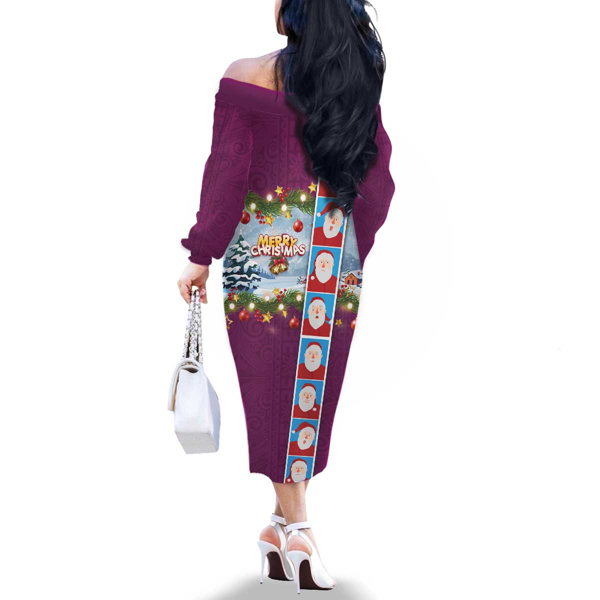 Merry Christmas Family Matching Off The Shoulder Long Sleeve Dress and Hawaiian Shirt Funny Santa Claus Cards Photo and Polynesian Pattern Pink Color