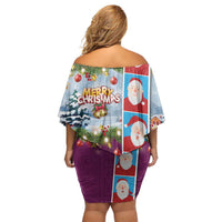 Merry Christmas Family Matching Off Shoulder Short Dress and Hawaiian Shirt Funny Santa Claus Cards Photo and Polynesian Pattern Pink Color