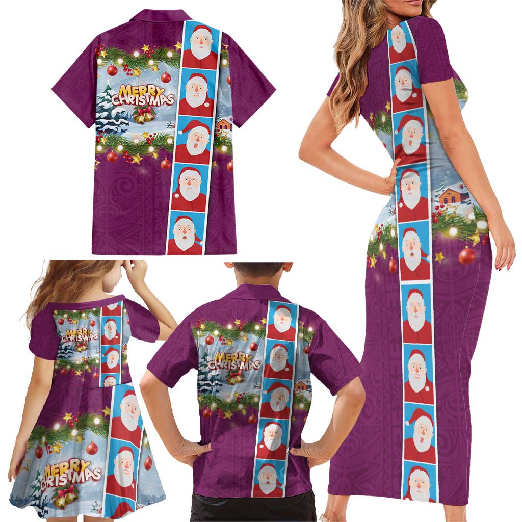 Merry Christmas Family Matching Short Sleeve Bodycon Dress and Hawaiian Shirt Funny Santa Claus Cards Photo and Polynesian Pattern Pink Color
