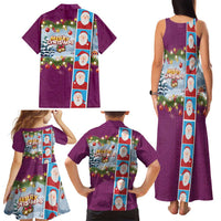 Merry Christmas Family Matching Tank Maxi Dress and Hawaiian Shirt Funny Santa Claus Cards Photo and Polynesian Pattern Pink Color