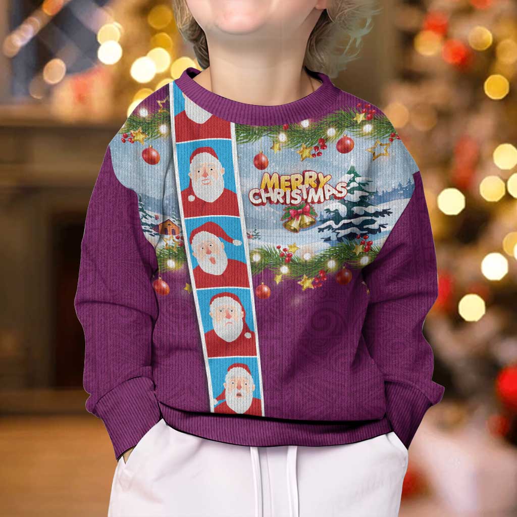Merry Christmas Kid Ugly Christmas Sweater Funny Santa Claus Cards Photo and Polynesian Pattern Pink Color