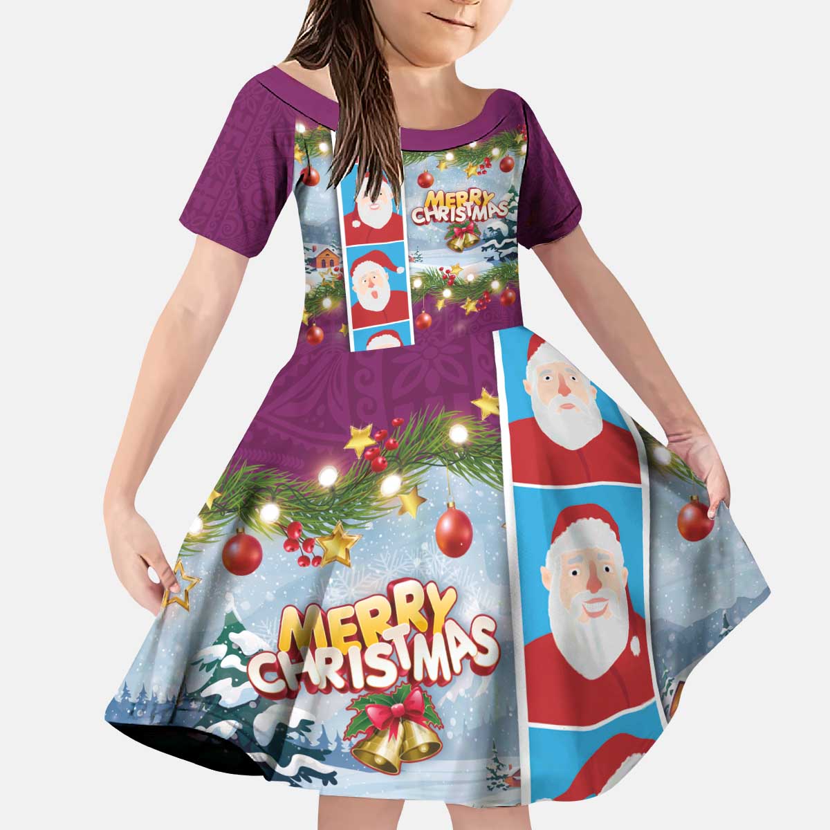 Merry Christmas Kid Short Sleeve Dress Funny Santa Claus Cards Photo and Polynesian Pattern Pink Color