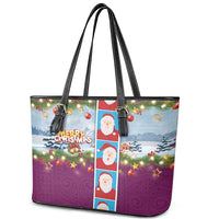 Merry Christmas Leather Tote Bag Funny Santa Claus Cards Photo and Polynesian Pattern Pink Color LT03 - Polynesian Pride