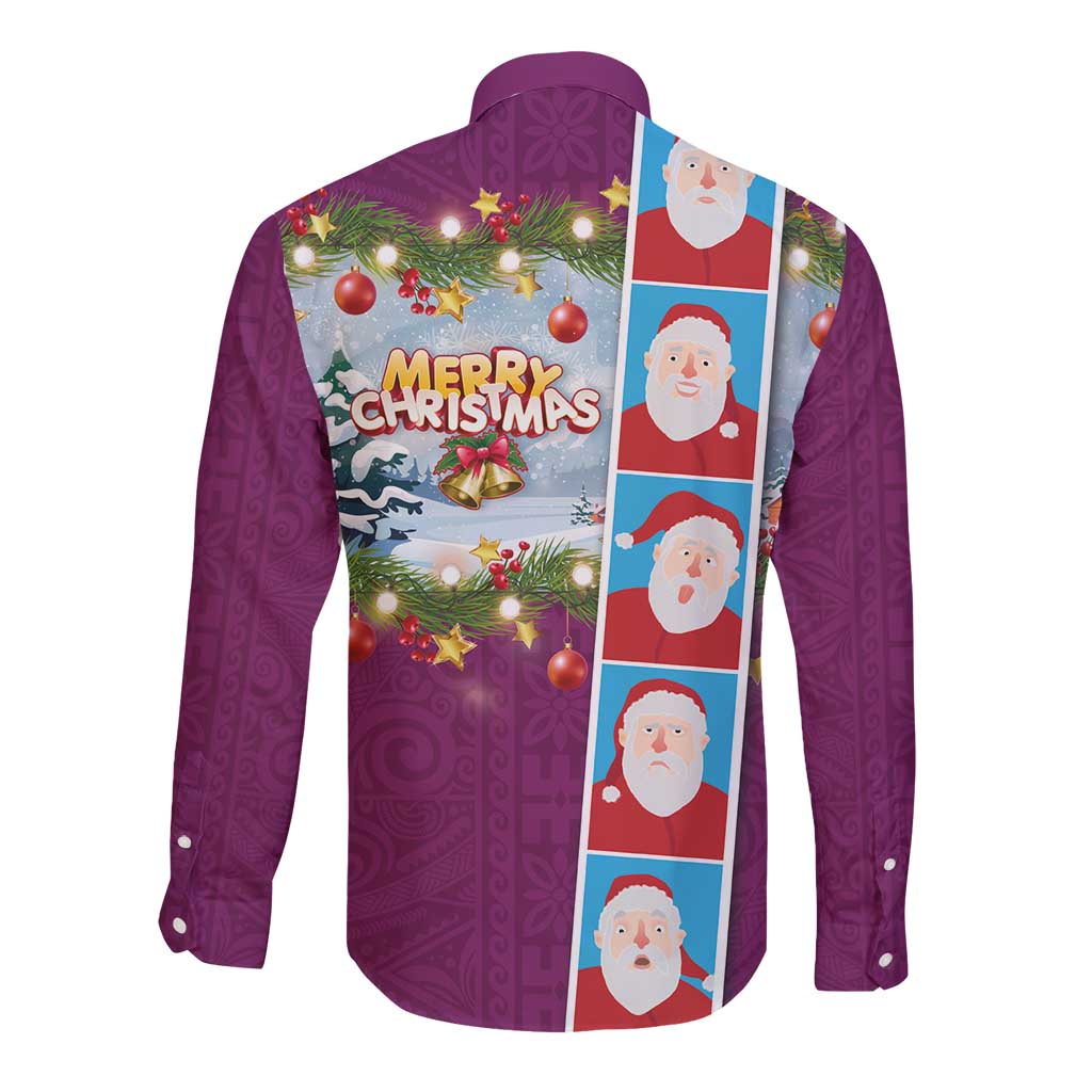 Merry Christmas Long Sleeve Button Shirt Funny Santa Claus Cards Photo and Polynesian Pattern Pink Color