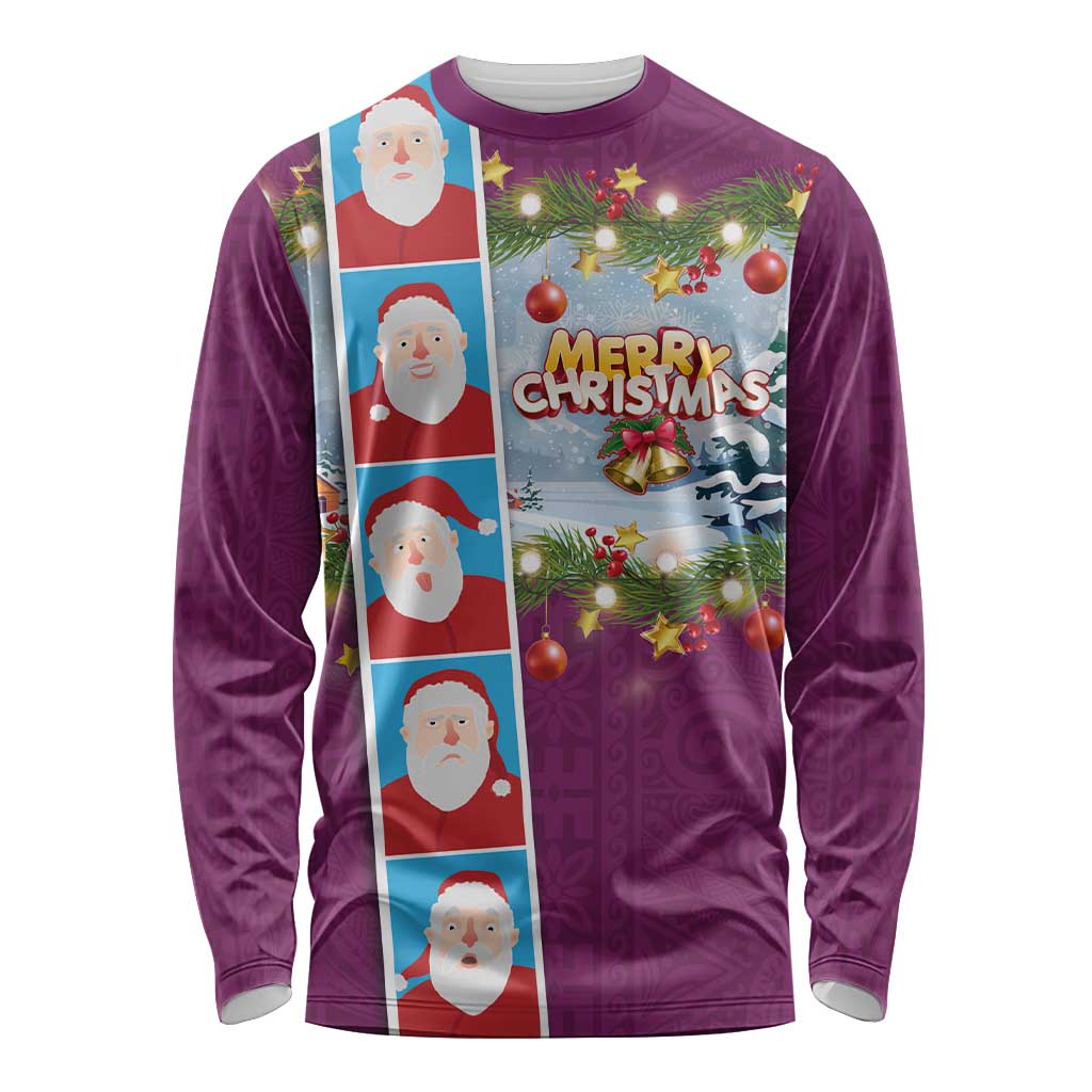 Merry Christmas Long Sleeve Shirt Funny Santa Claus Cards Photo and Polynesian Pattern Pink Color