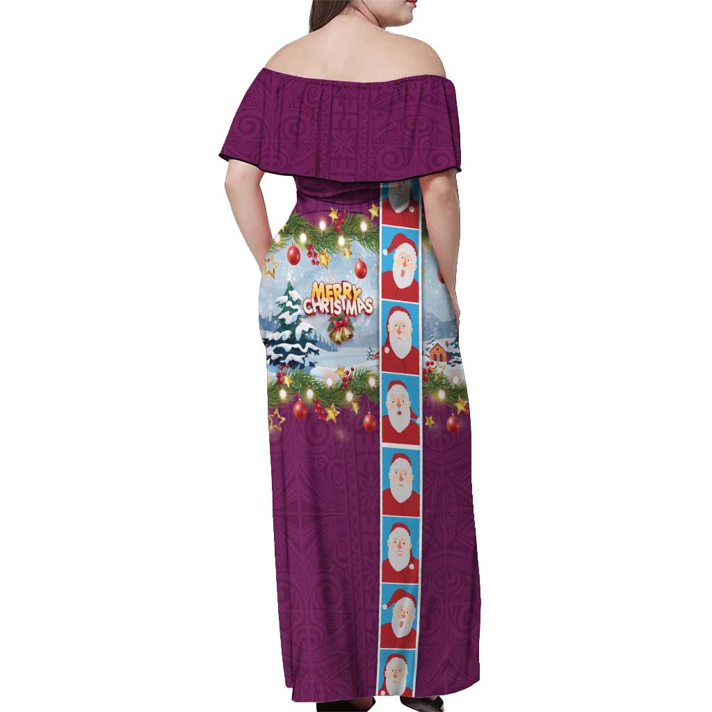 Merry Christmas Off Shoulder Maxi Dress Funny Santa Claus Cards Photo and Polynesian Pattern Pink Color