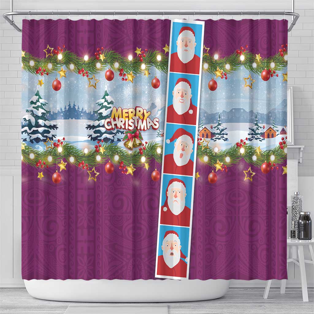 Merry Christmas Shower Curtain Funny Santa Claus Cards Photo and Polynesian Pattern Pink Color