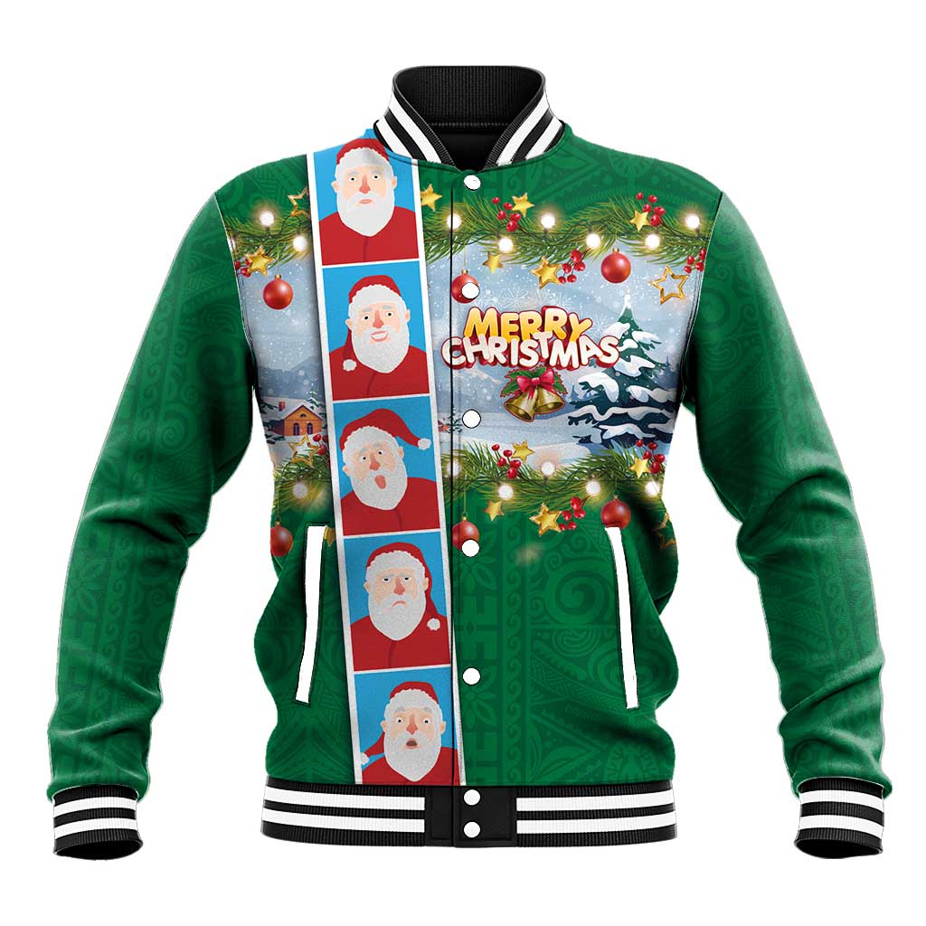 Merry Christmas Baseball Jacket Funny Santa Claus Cards Photo and Polynesian Pattern Green Color