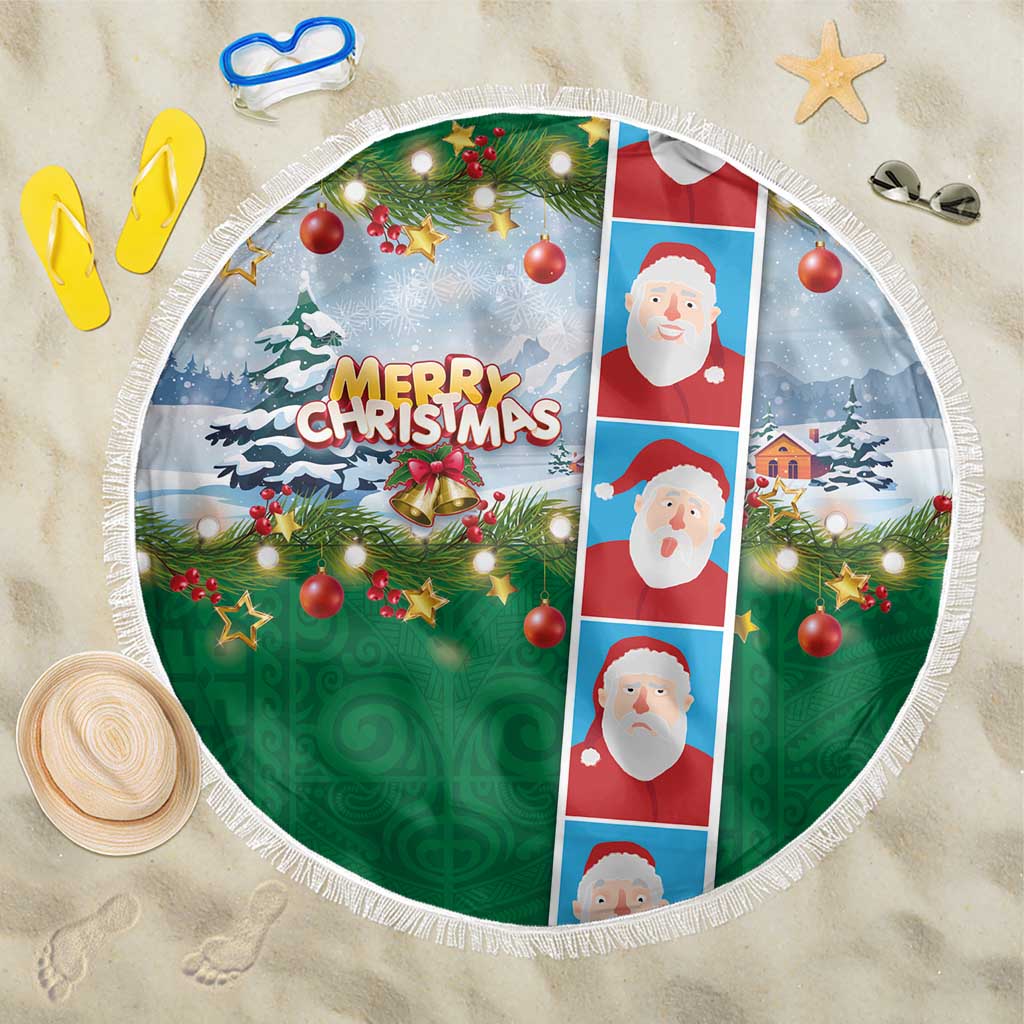 Merry Christmas Beach Blanket Funny Santa Claus Cards Photo and Polynesian Pattern Green Color LT03 One Size 150cm Green - Polynesian Pride
