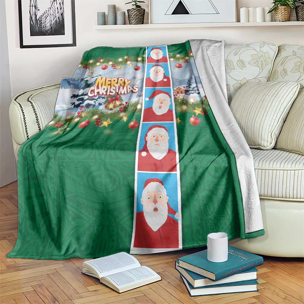 Merry Christmas Blanket Funny Santa Claus Cards Photo and Polynesian Pattern Green Color