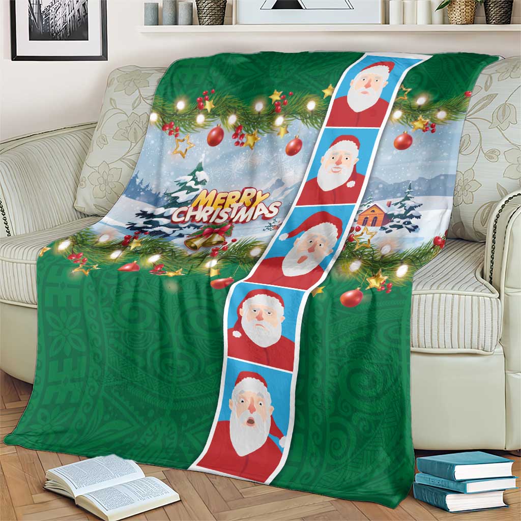 Merry Christmas Blanket Funny Santa Claus Cards Photo and Polynesian Pattern Green Color LT03 - Polynesian Pride