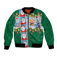 Merry Christmas Bomber Jacket Funny Santa Claus Cards Photo and Polynesian Pattern Green Color