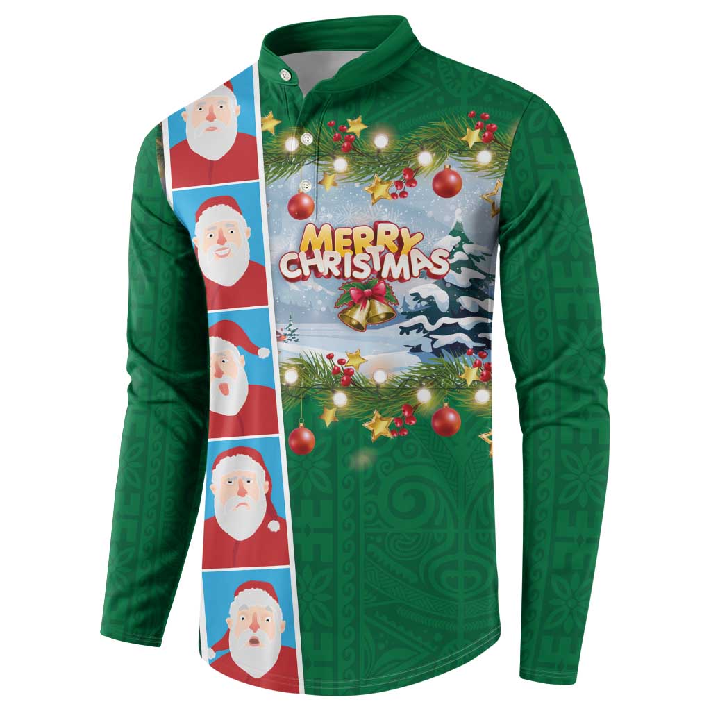 Merry Christmas Button Sweatshirt Funny Santa Claus Cards Photo and Polynesian Pattern Green Color LT03 - Polynesian Pride