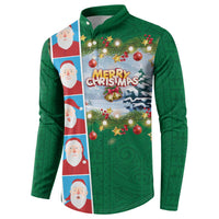 Merry Christmas Button Sweatshirt Funny Santa Claus Cards Photo and Polynesian Pattern Green Color LT03 - Polynesian Pride