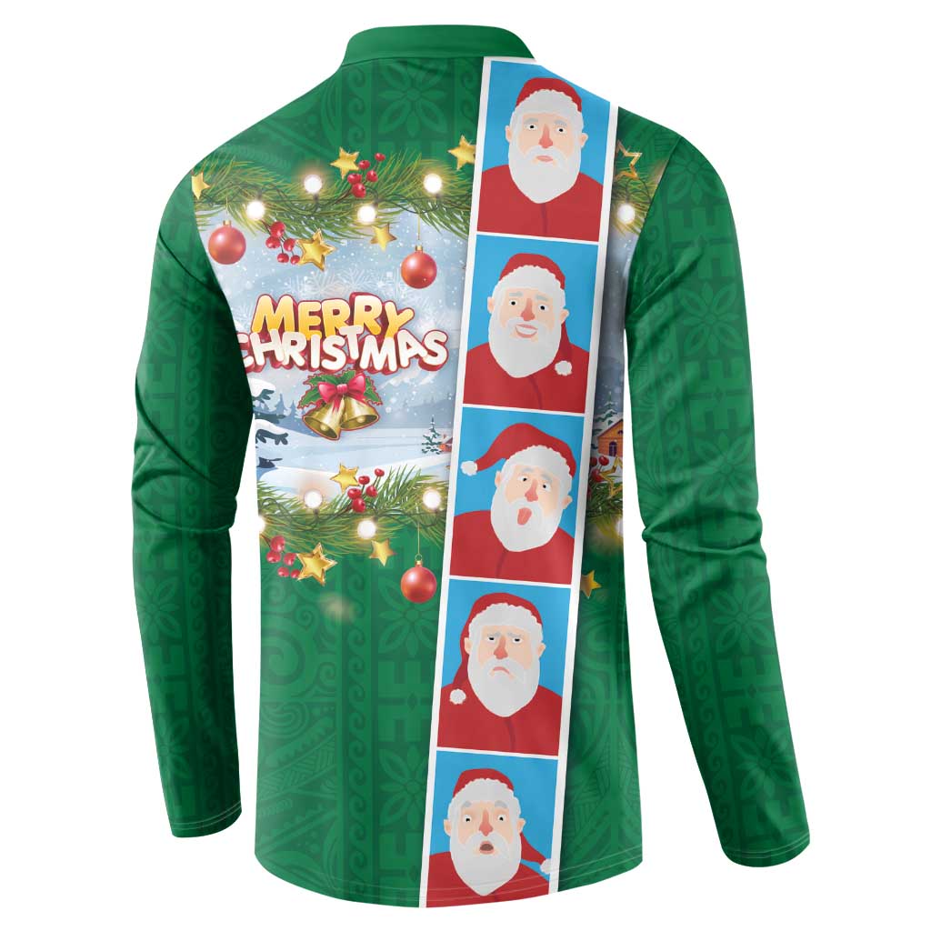 Merry Christmas Button Sweatshirt Funny Santa Claus Cards Photo and Polynesian Pattern Green Color LT03 - Polynesian Pride