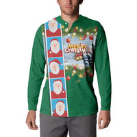 Merry Christmas Button Sweatshirt Funny Santa Claus Cards Photo and Polynesian Pattern Green Color LT03 - Polynesian Pride