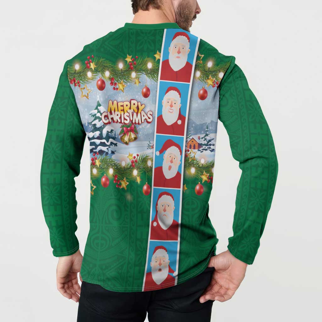 Merry Christmas Button Sweatshirt Funny Santa Claus Cards Photo and Polynesian Pattern Green Color LT03 - Polynesian Pride
