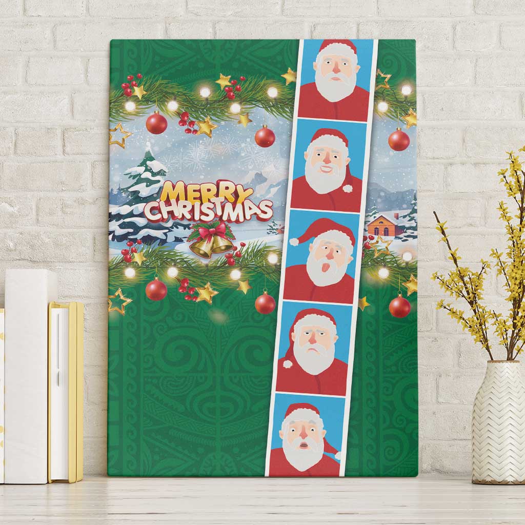 Merry Christmas Canvas Wall Art Funny Santa Claus Cards Photo and Polynesian Pattern Green Color