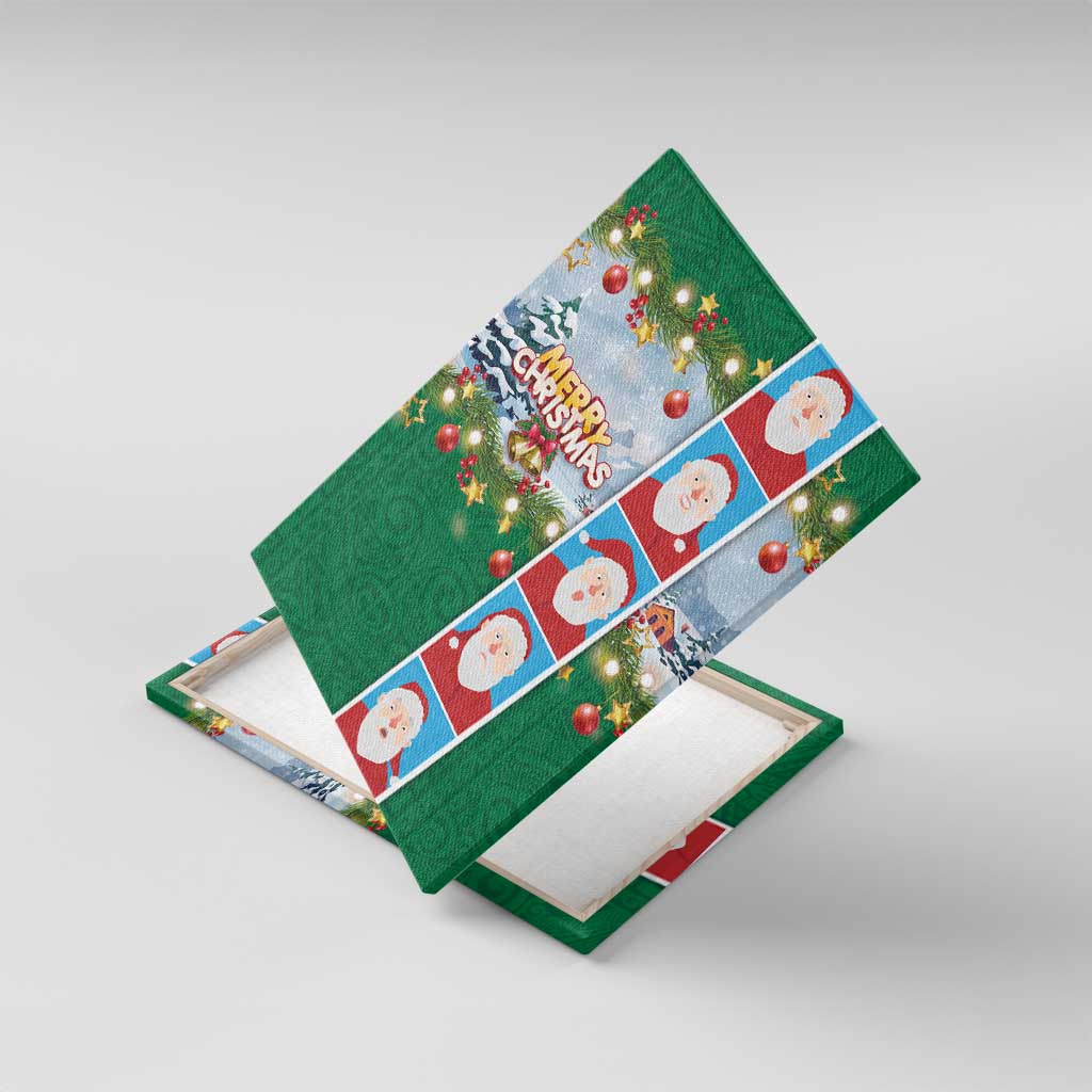Merry Christmas Canvas Wall Art Funny Santa Claus Cards Photo and Polynesian Pattern Green Color LT03 With Frame Green - Polynesian Pride