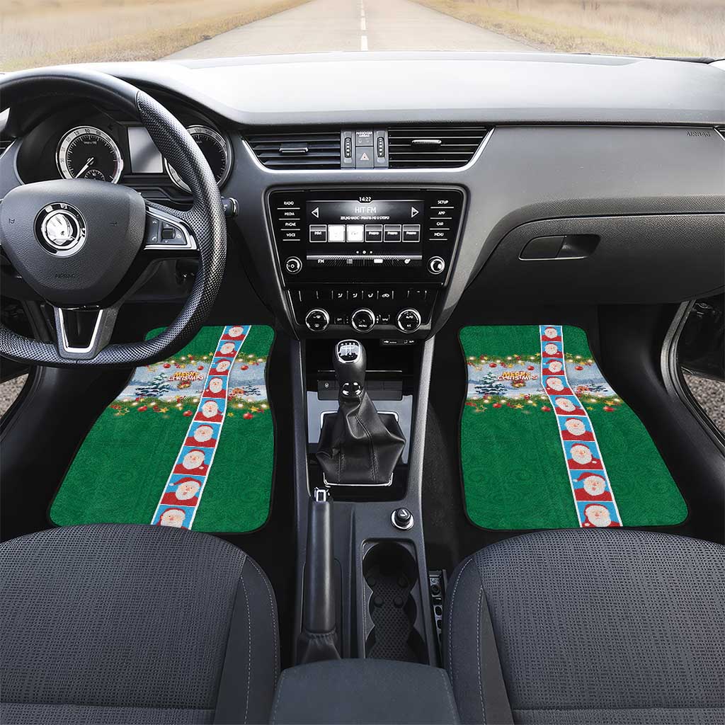 Merry Christmas Car Mats Funny Santa Claus Cards Photo and Polynesian Pattern Green Color LT03 Set 2pcs - Front Green - Polynesian Pride