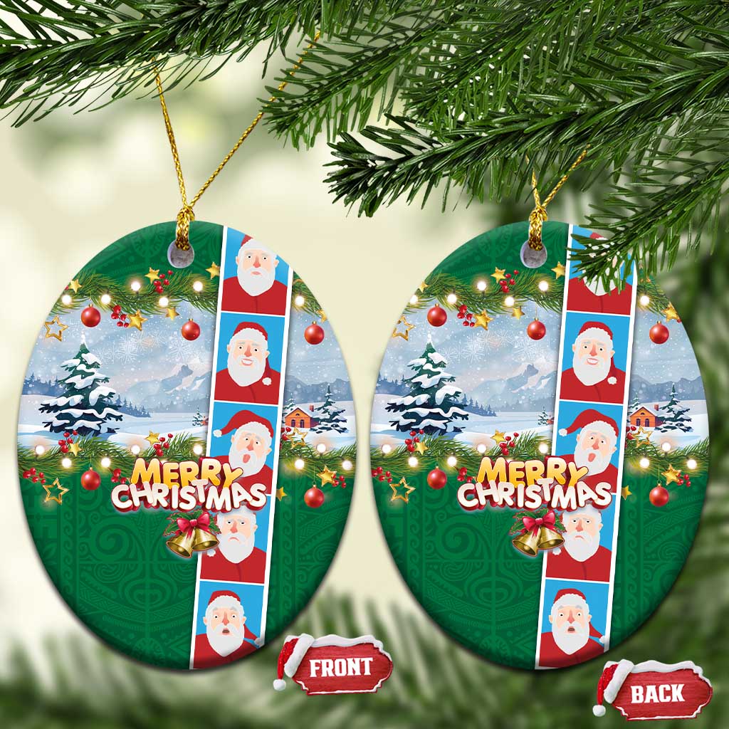Merry Christmas Ceramic Ornament Funny Santa Claus Cards Photo and Polynesian Pattern Green Color LT03 Oval Green - Polynesian Pride