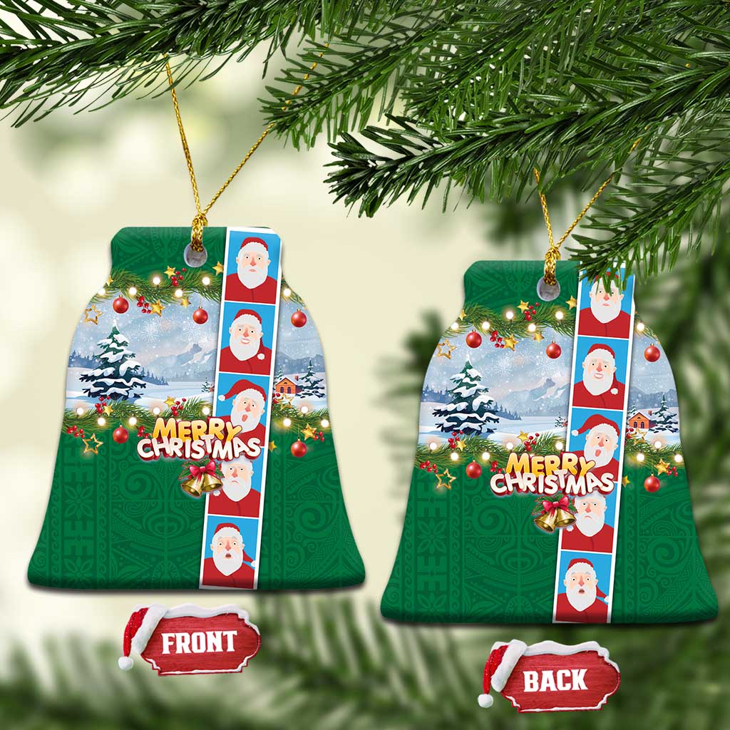 Merry Christmas Ceramic Ornament Funny Santa Claus Cards Photo and Polynesian Pattern Green Color LT03 Bell Flake Green - Polynesian Pride