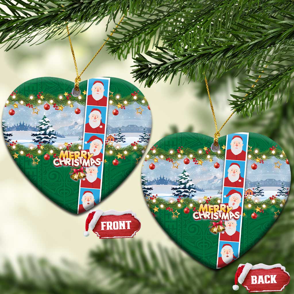 Merry Christmas Ceramic Ornament Funny Santa Claus Cards Photo and Polynesian Pattern Green Color LT03 Heart Green - Polynesian Pride