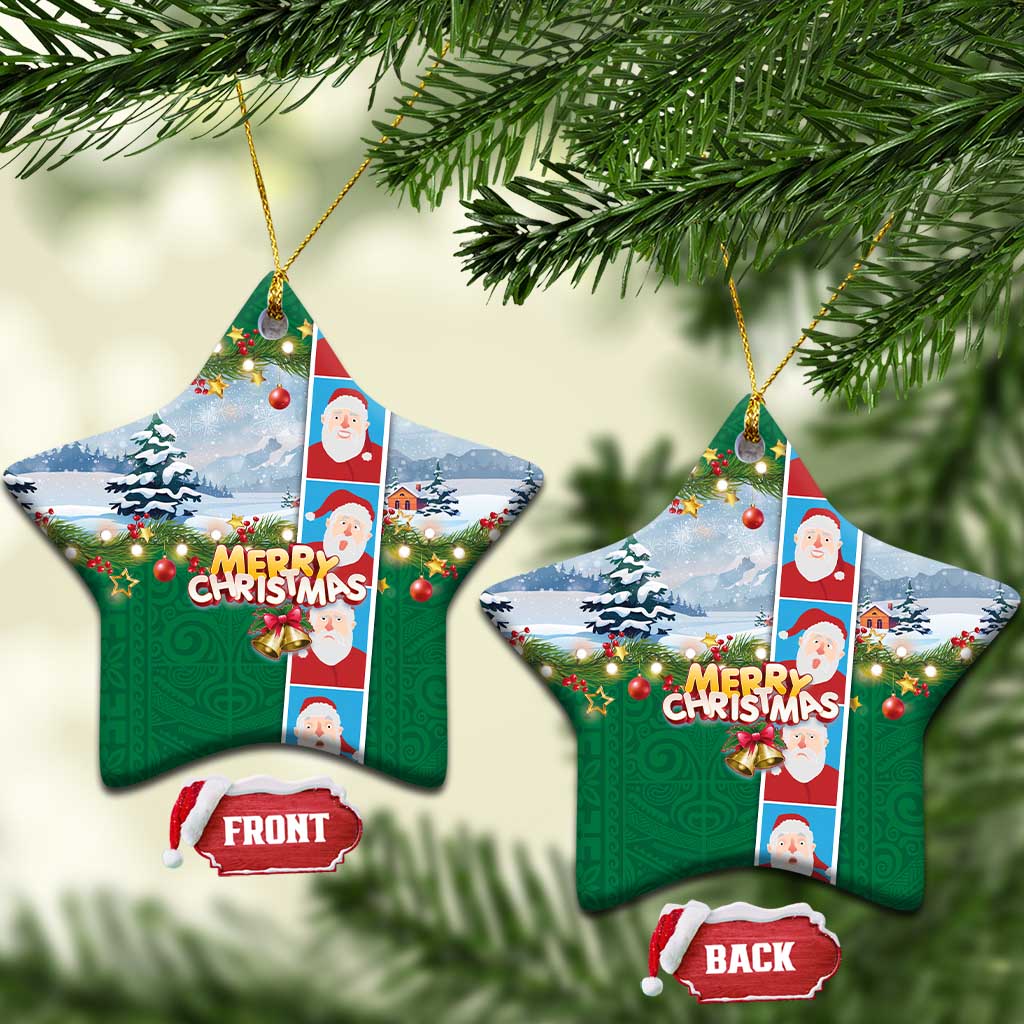 Merry Christmas Ceramic Ornament Funny Santa Claus Cards Photo and Polynesian Pattern Green Color LT03 Star Green - Polynesian Pride