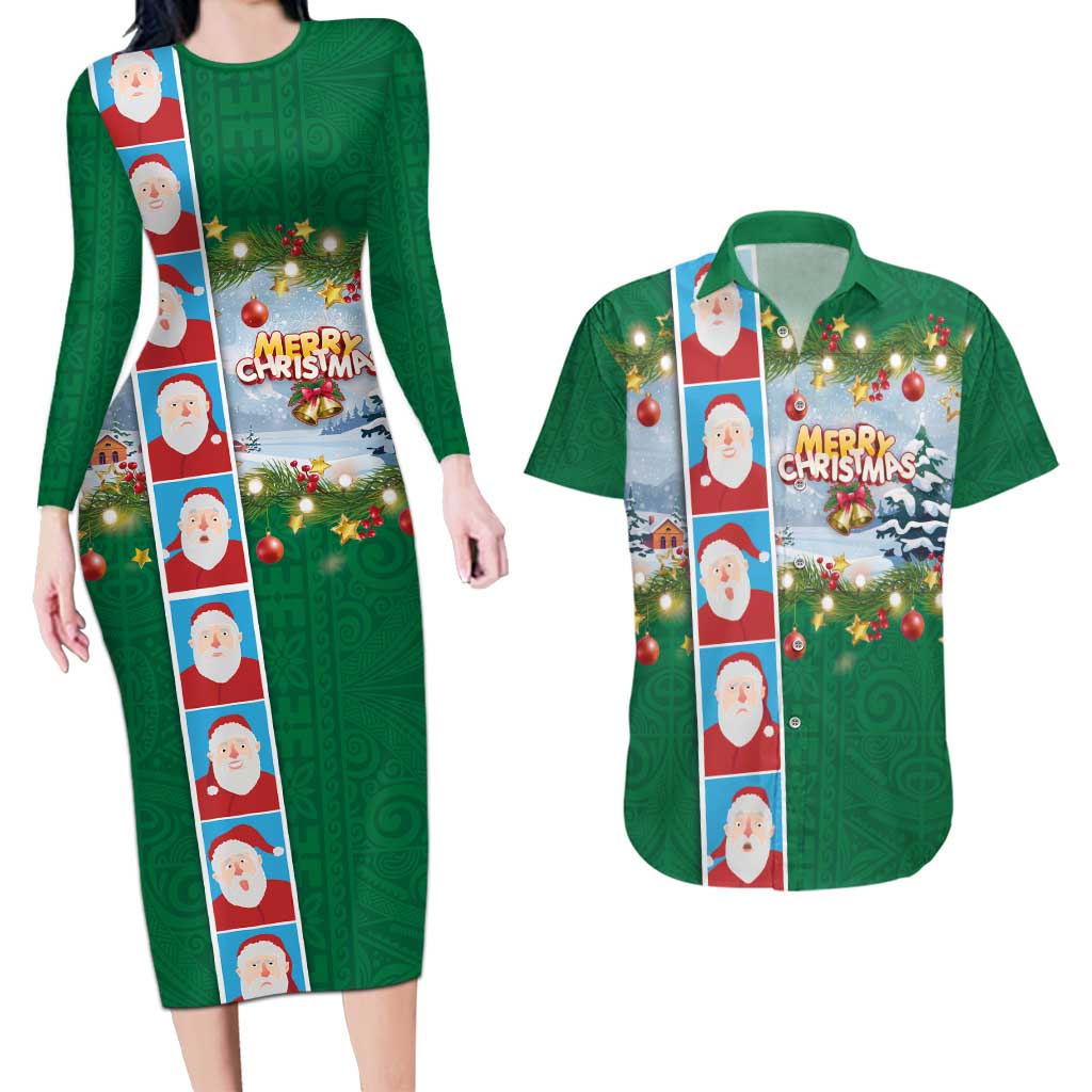 Merry Christmas Couples Matching Long Sleeve Bodycon Dress and Hawaiian Shirt Funny Santa Claus Cards Photo and Polynesian Pattern Green Color