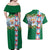 Merry Christmas Couples Matching Off Shoulder Maxi Dress and Hawaiian Shirt Funny Santa Claus Cards Photo and Polynesian Pattern Green Color