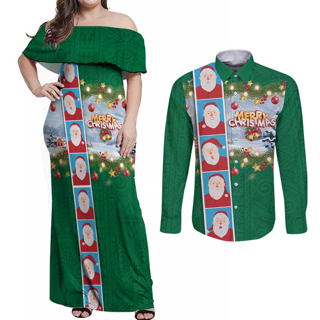 Merry Christmas Couples Matching Off Shoulder Maxi Dress and Long Sleeve Button Shirt Funny Santa Claus Cards Photo and Polynesian Pattern Green Color