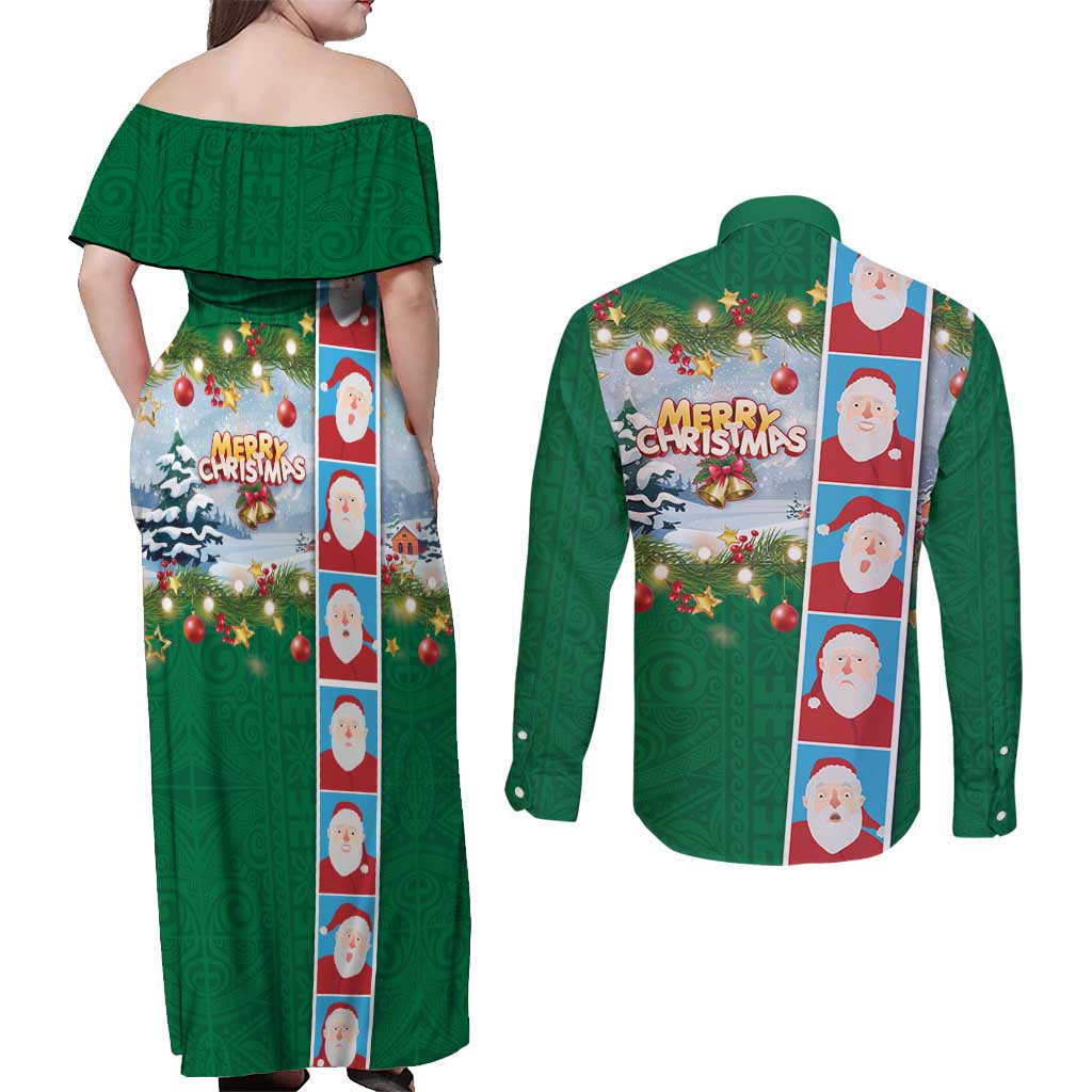 Merry Christmas Couples Matching Off Shoulder Maxi Dress and Long Sleeve Button Shirt Funny Santa Claus Cards Photo and Polynesian Pattern Green Color