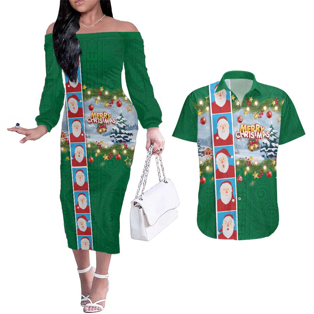 Merry Christmas Couples Matching Off The Shoulder Long Sleeve Dress and Hawaiian Shirt Funny Santa Claus Cards Photo and Polynesian Pattern Green Color