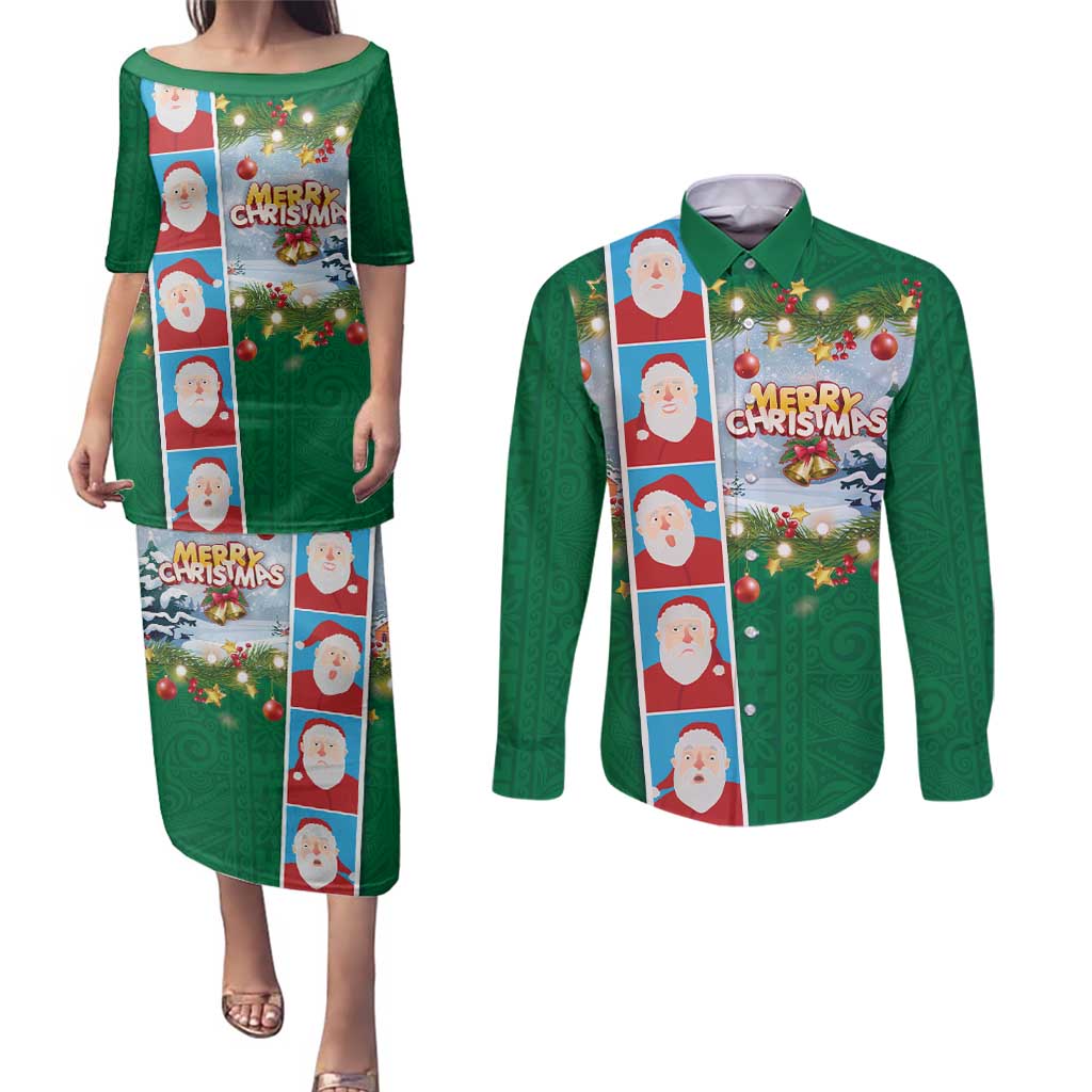 Merry Christmas Couples Matching Puletasi and Long Sleeve Button Shirt Funny Santa Claus Cards Photo and Polynesian Pattern Green Color