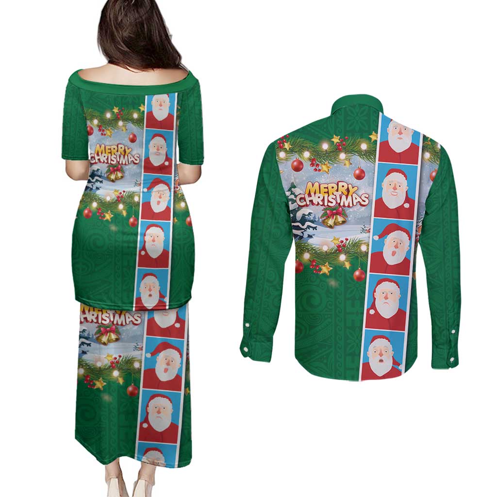Merry Christmas Couples Matching Puletasi and Long Sleeve Button Shirt Funny Santa Claus Cards Photo and Polynesian Pattern Green Color