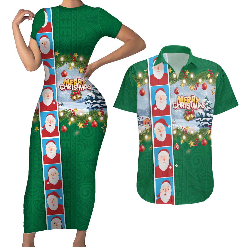 Merry Christmas Couples Matching Short Sleeve Bodycon Dress and Hawaiian Shirt Funny Santa Claus Cards Photo and Polynesian Pattern Green Color