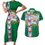 Merry Christmas Couples Matching Short Sleeve Bodycon Dress and Hawaiian Shirt Funny Santa Claus Cards Photo and Polynesian Pattern Green Color