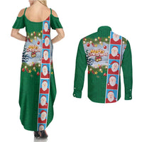 Merry Christmas Couples Matching Summer Maxi Dress and Long Sleeve Button Shirt Funny Santa Claus Cards Photo and Polynesian Pattern Green Color