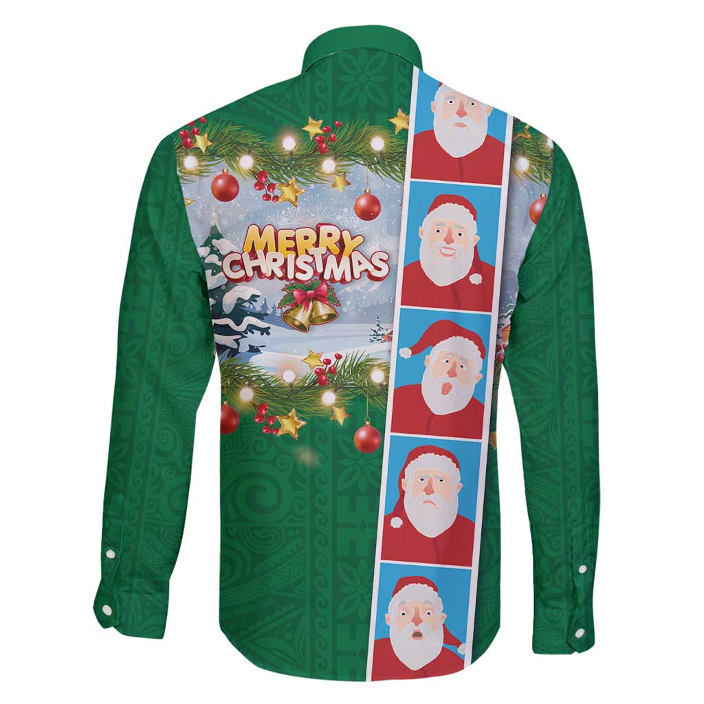 Merry Christmas Family Matching Long Sleeve Bodycon Dress and Hawaiian Shirt Funny Santa Claus Cards Photo and Polynesian Pattern Green Color