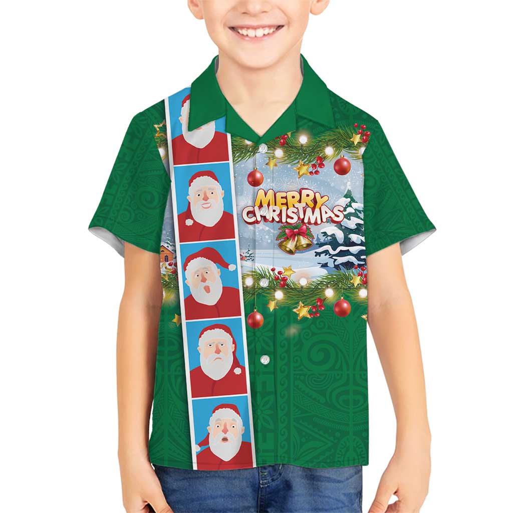 Merry Christmas Family Matching Long Sleeve Bodycon Dress and Hawaiian Shirt Funny Santa Claus Cards Photo and Polynesian Pattern Green Color