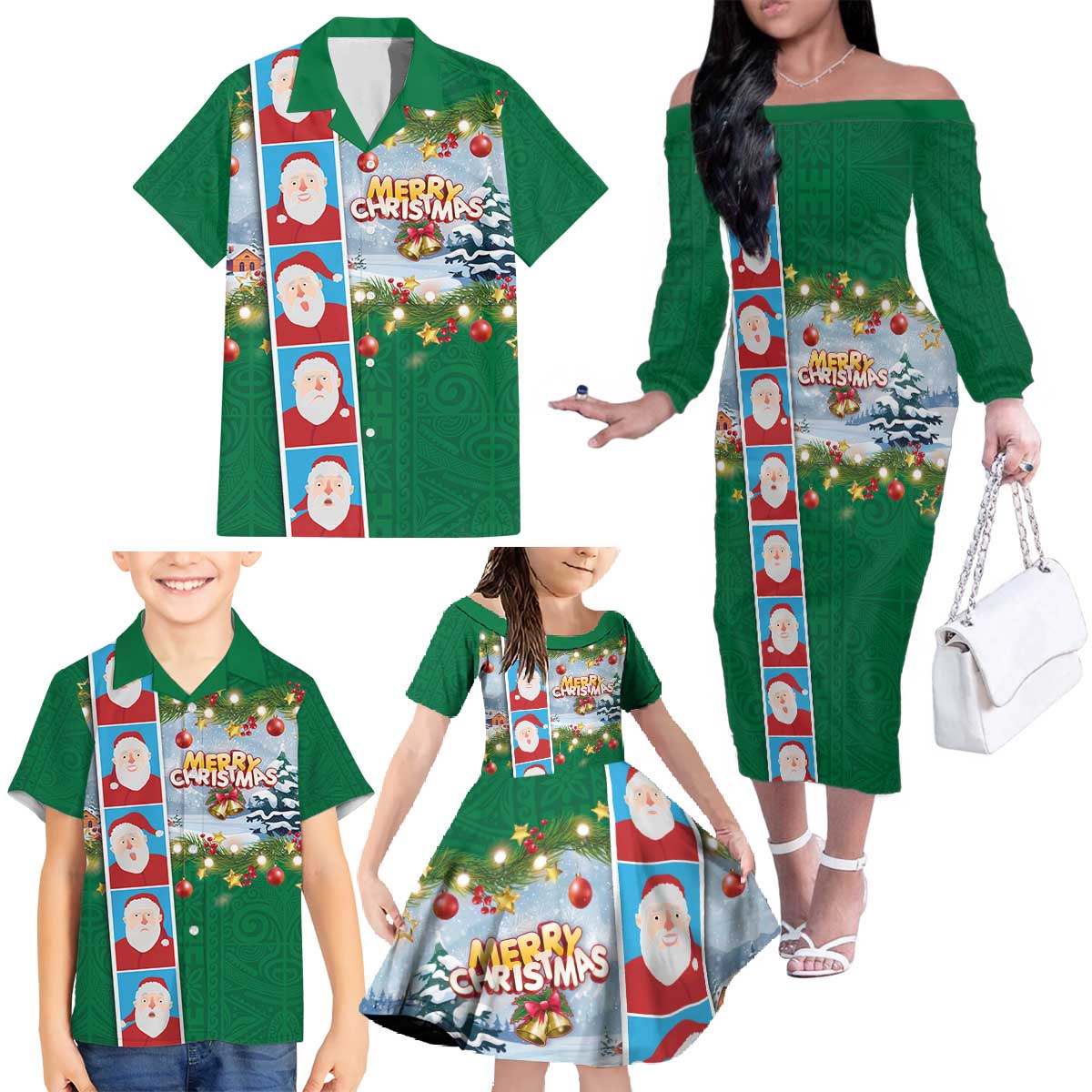 Merry Christmas Family Matching Off The Shoulder Long Sleeve Dress and Hawaiian Shirt Funny Santa Claus Cards Photo and Polynesian Pattern Green Color