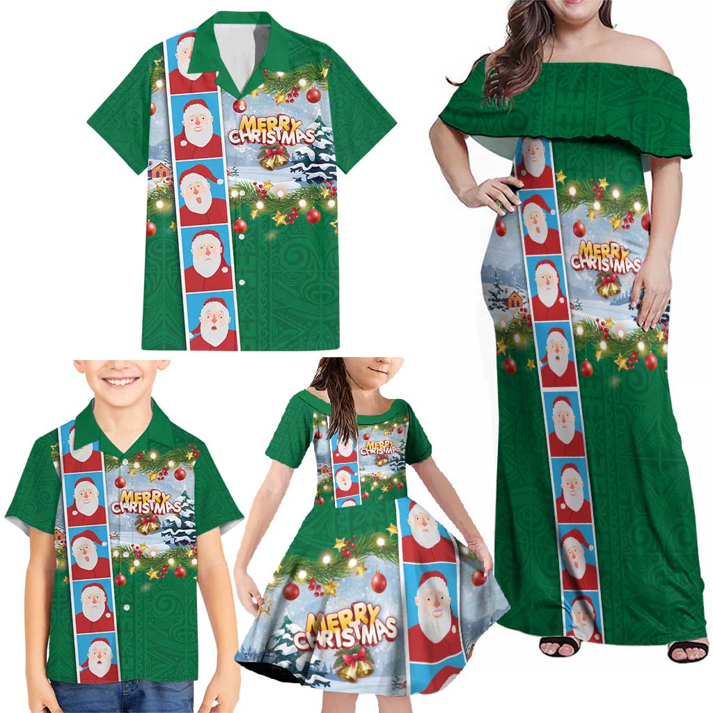 Merry Christmas Family Matching Off Shoulder Maxi Dress and Hawaiian Shirt Funny Santa Claus Cards Photo and Polynesian Pattern Green Color