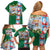 Merry Christmas Family Matching Off Shoulder Short Dress and Hawaiian Shirt Funny Santa Claus Cards Photo and Polynesian Pattern Green Color