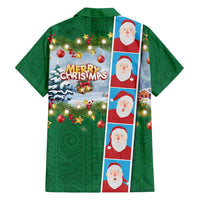 Merry Christmas Family Matching Off Shoulder Short Dress and Hawaiian Shirt Funny Santa Claus Cards Photo and Polynesian Pattern Green Color