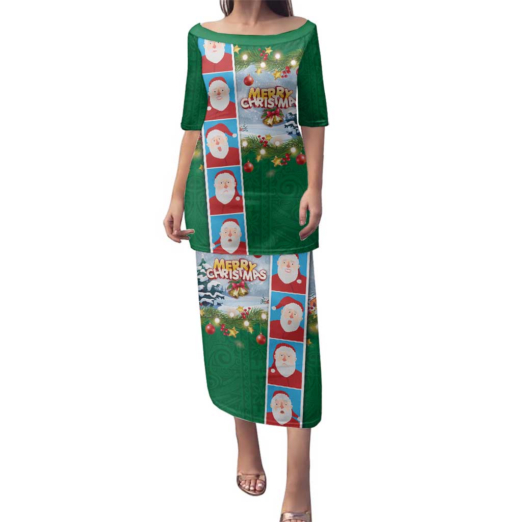 Merry Christmas Family Matching Puletasi and Hawaiian Shirt Funny Santa Claus Cards Photo and Polynesian Pattern Green Color