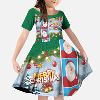Merry Christmas Family Matching Summer Maxi Dress and Hawaiian Shirt Funny Santa Claus Cards Photo and Polynesian Pattern Green Color