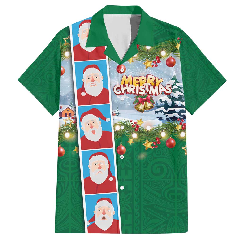 Merry Christmas Hawaiian Shirt Funny Santa Claus Cards Photo and Polynesian Pattern Green Color