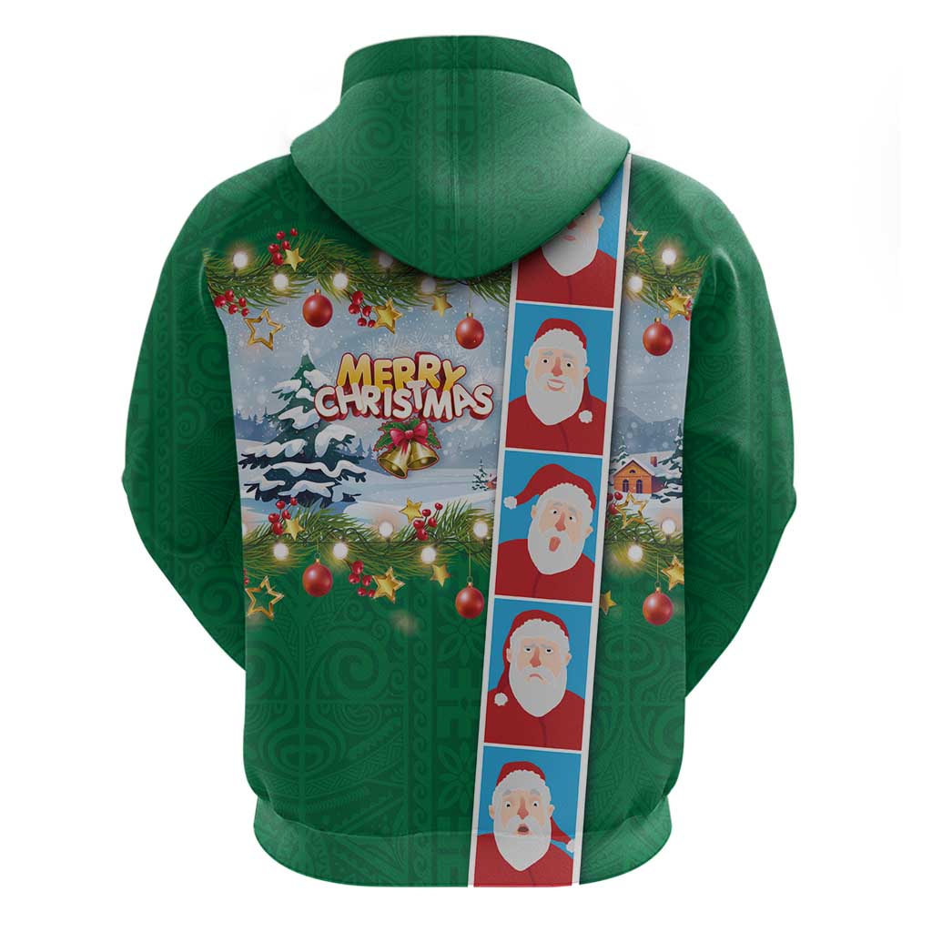 Merry Christmas Hoodie Funny Santa Claus Cards Photo and Polynesian Pattern Green Color